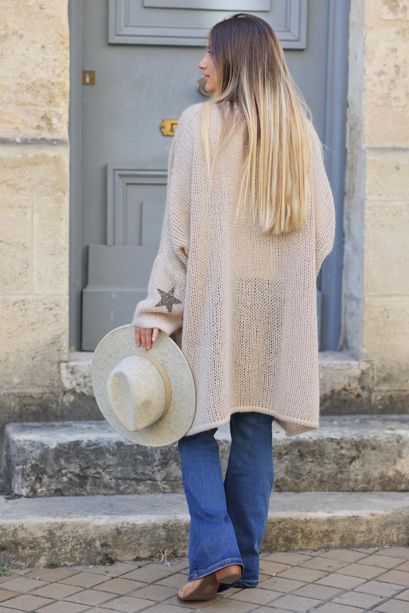 Gilet beige mi-long grosses mailles étoile strass manches d027 (1)