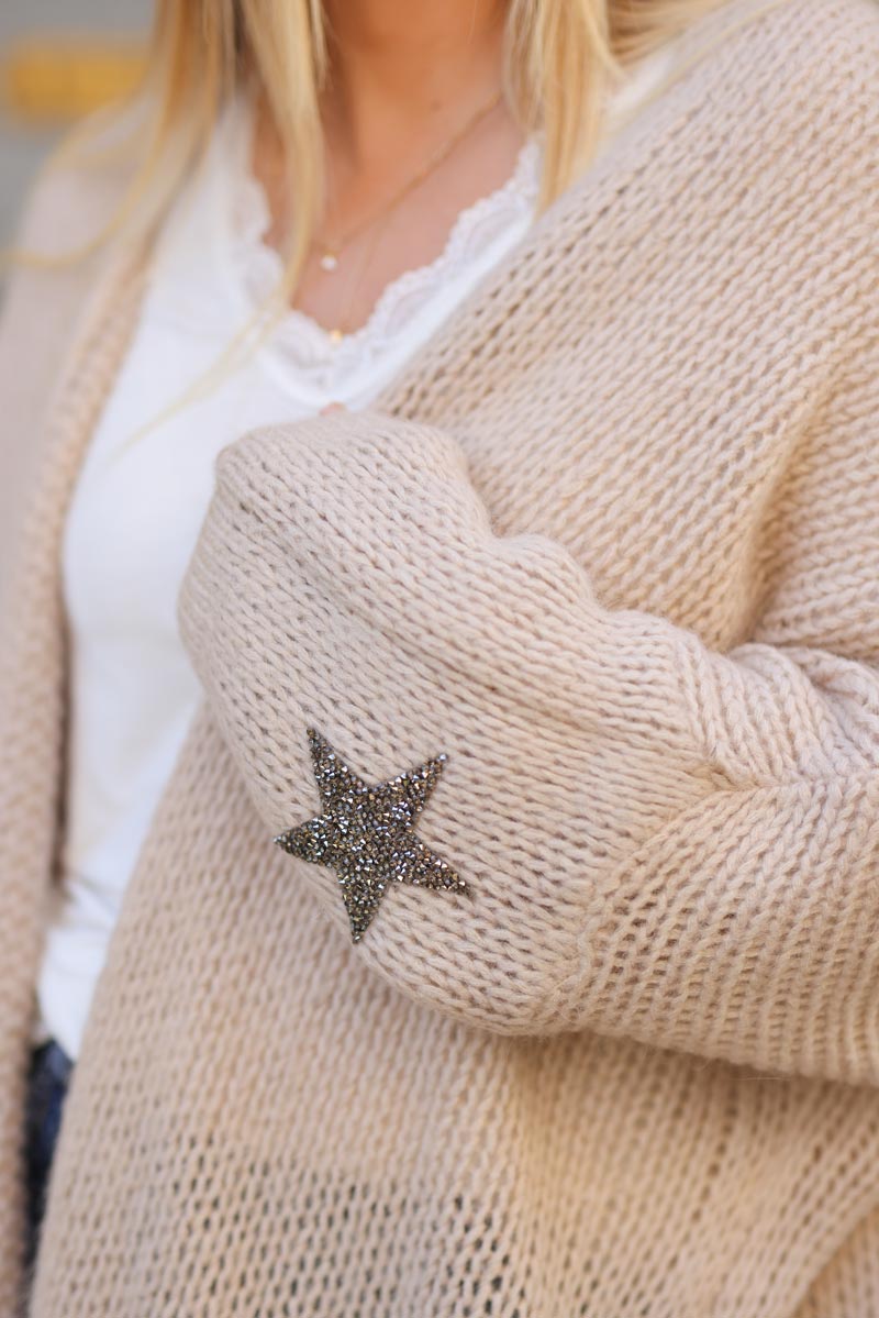 Gilet beige mi-long grosses mailles étoile strass manches d027 (1)