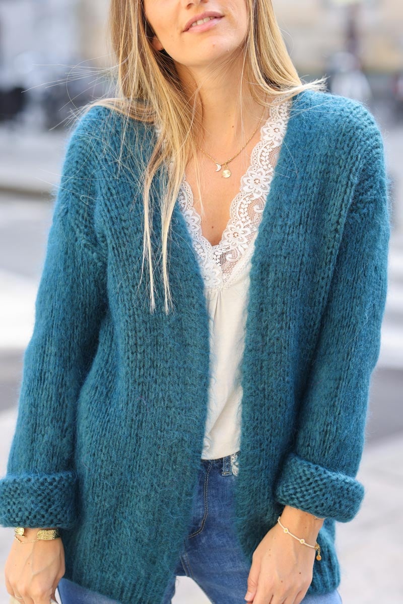 Gilet bleu canard chaud grosses mailles