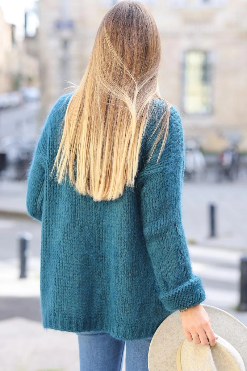 Gilet bleu canard chaud grosses mailles
