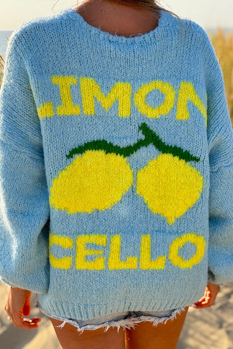 Sky blue chunky knit cardigan with lemon 'limoncello' back pattern