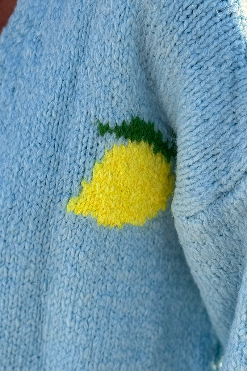 Sky blue chunky knit cardigan with lemon 'limoncello' back pattern