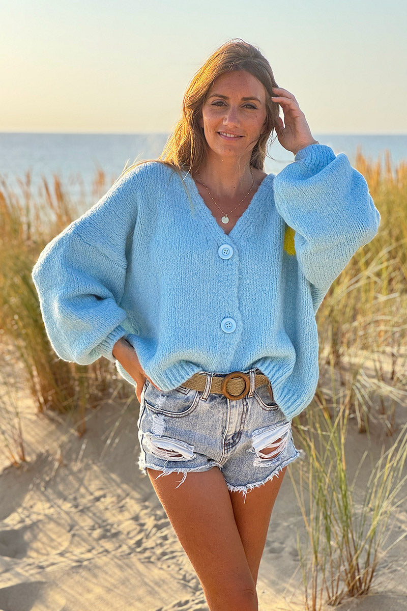 Sky blue chunky knit cardigan with lemon 'limoncello' back pattern