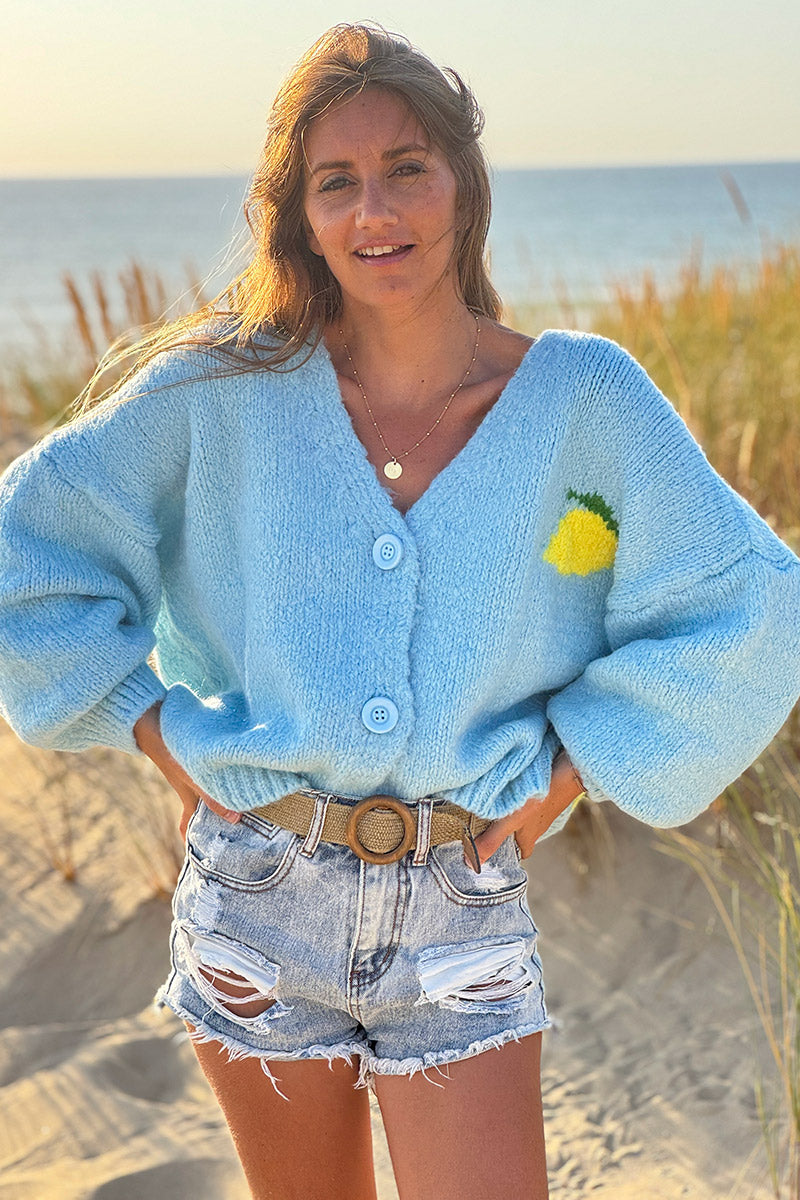 Sky blue chunky knit cardigan with lemon 'limoncello' back pattern