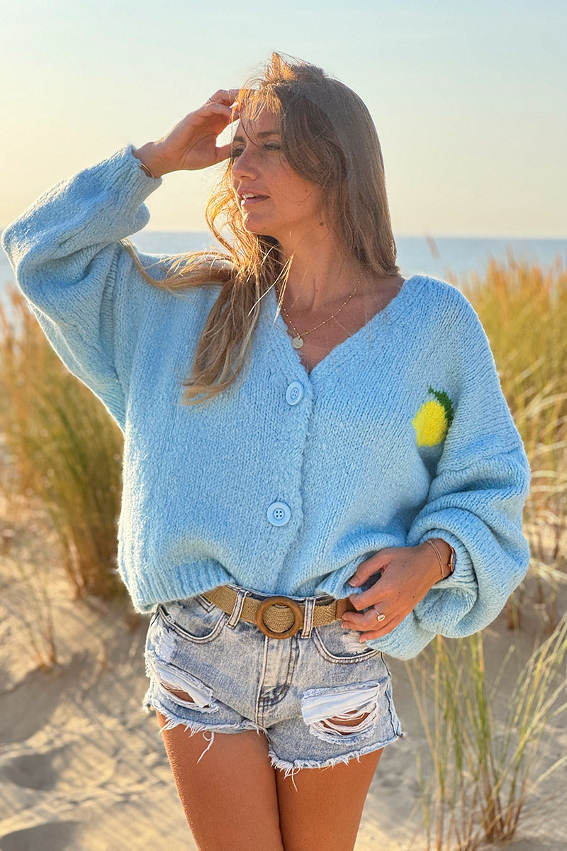 Sky blue chunky knit cardigan with lemon 'limoncello' back pattern