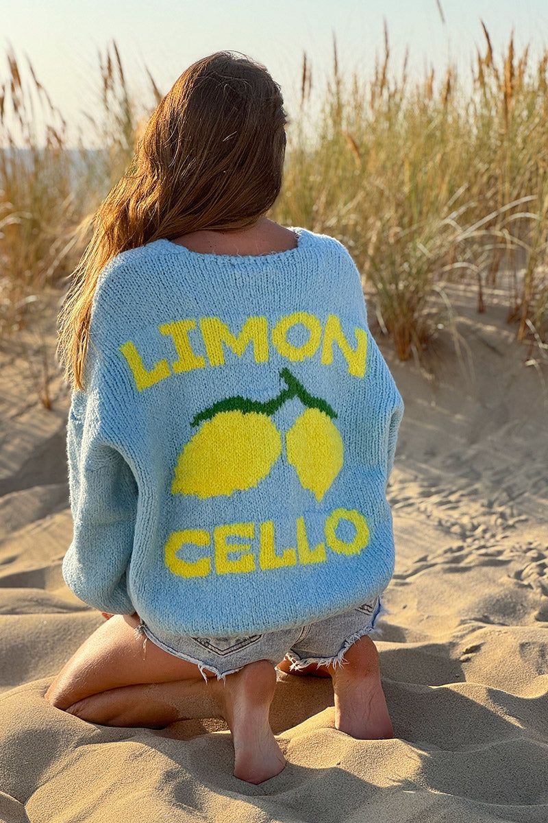 Sky blue chunky knit cardigan with lemon 'limoncello' back pattern