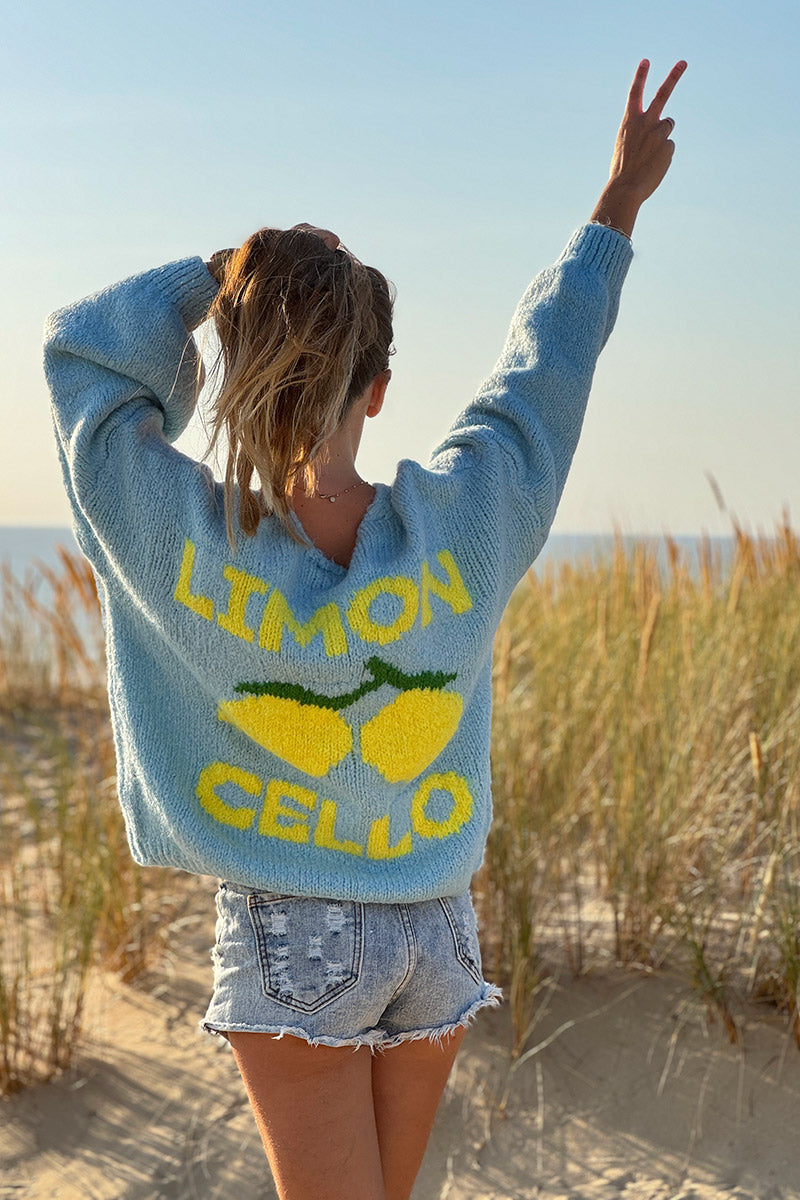 Sky blue chunky knit cardigan with lemon 'limoncello' back pattern