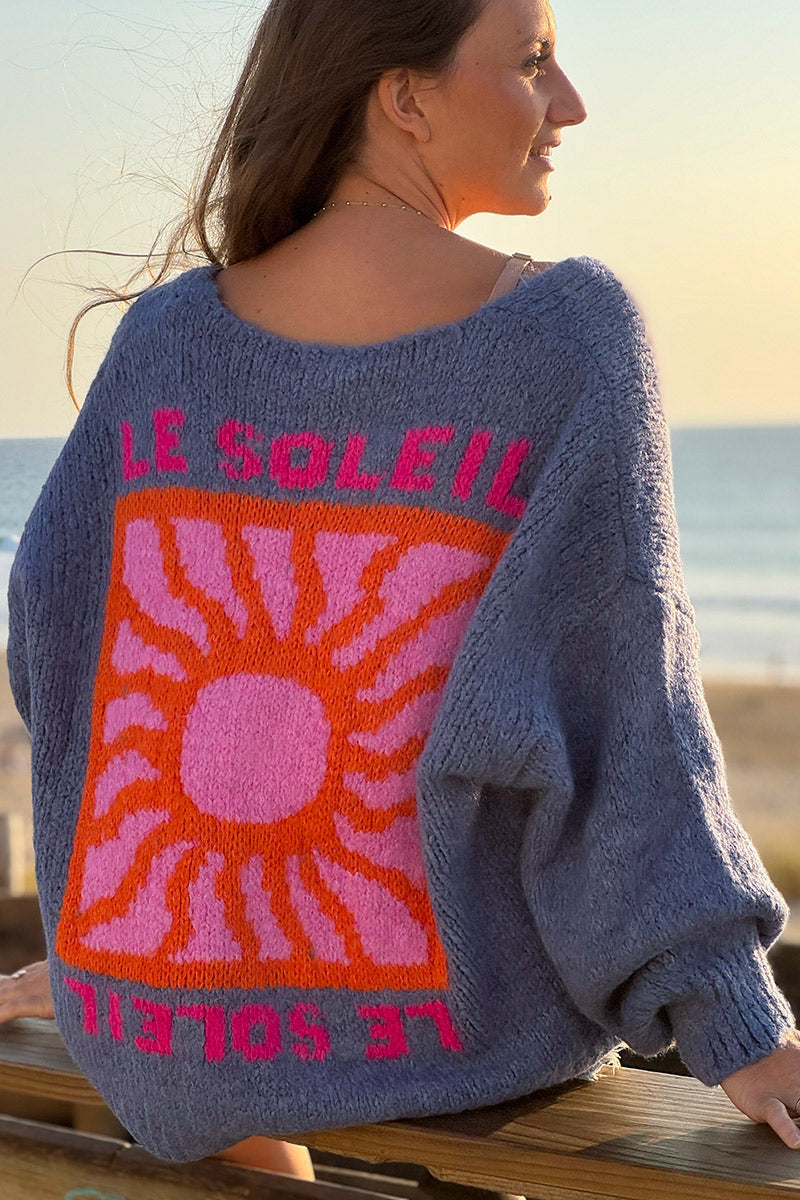 Gilet bleu jean en grosse maille avec gros boutons le Soleil manches bouffantes