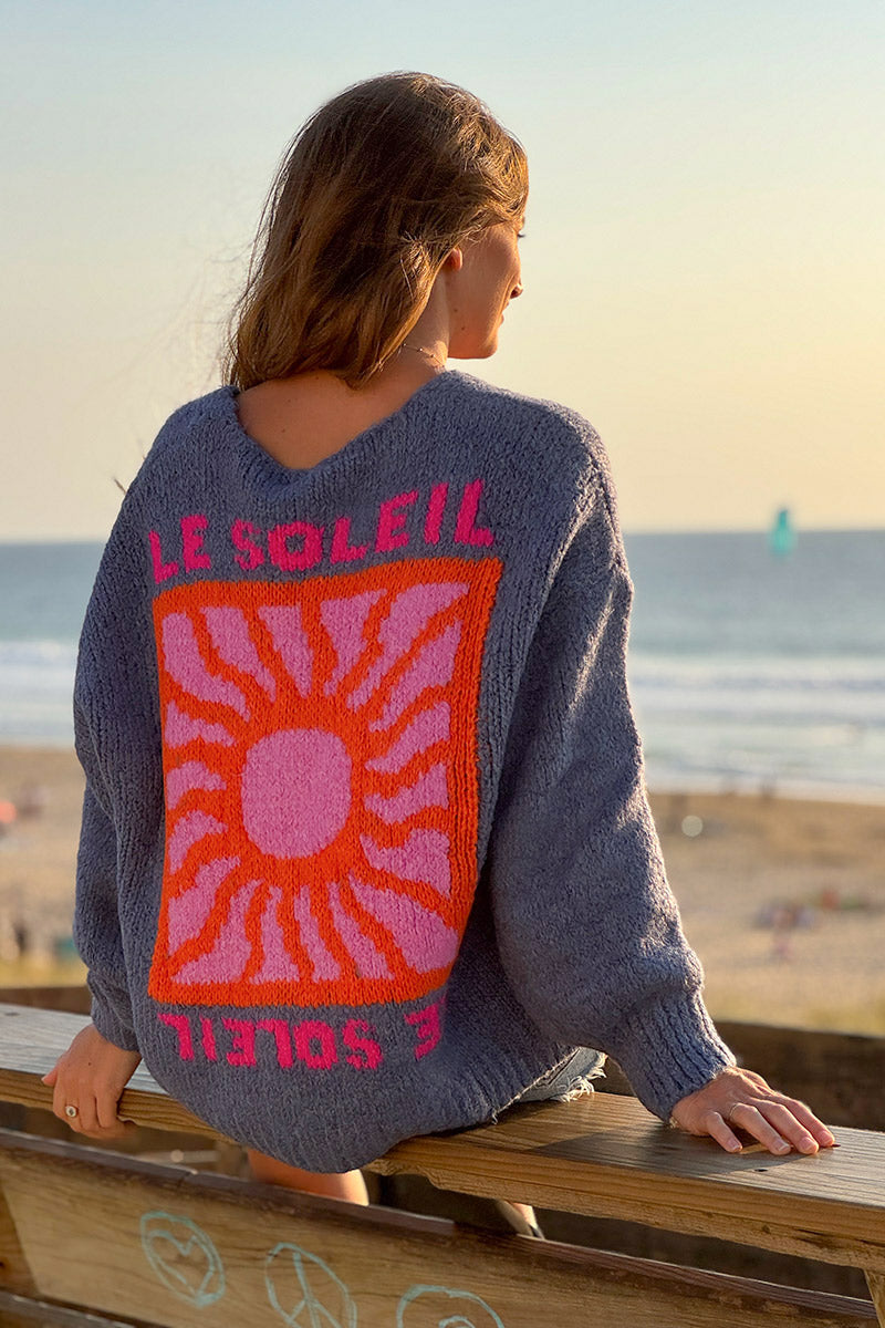Gilet bleu jean en grosse maille avec gros boutons le Soleil manches bouffantes
