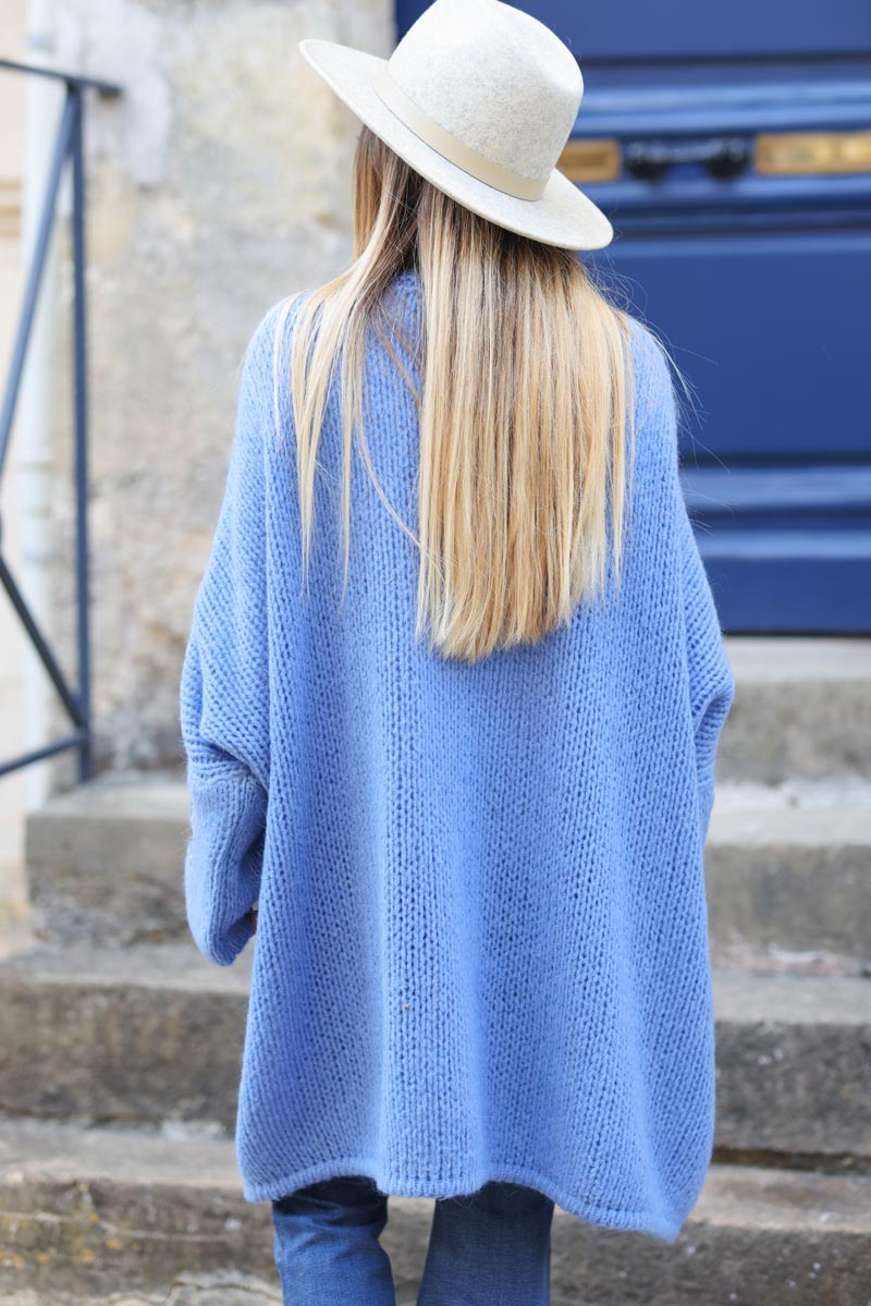 Gilet bleu jean mi-long grosses mailles étoile strass manches d027 (1)