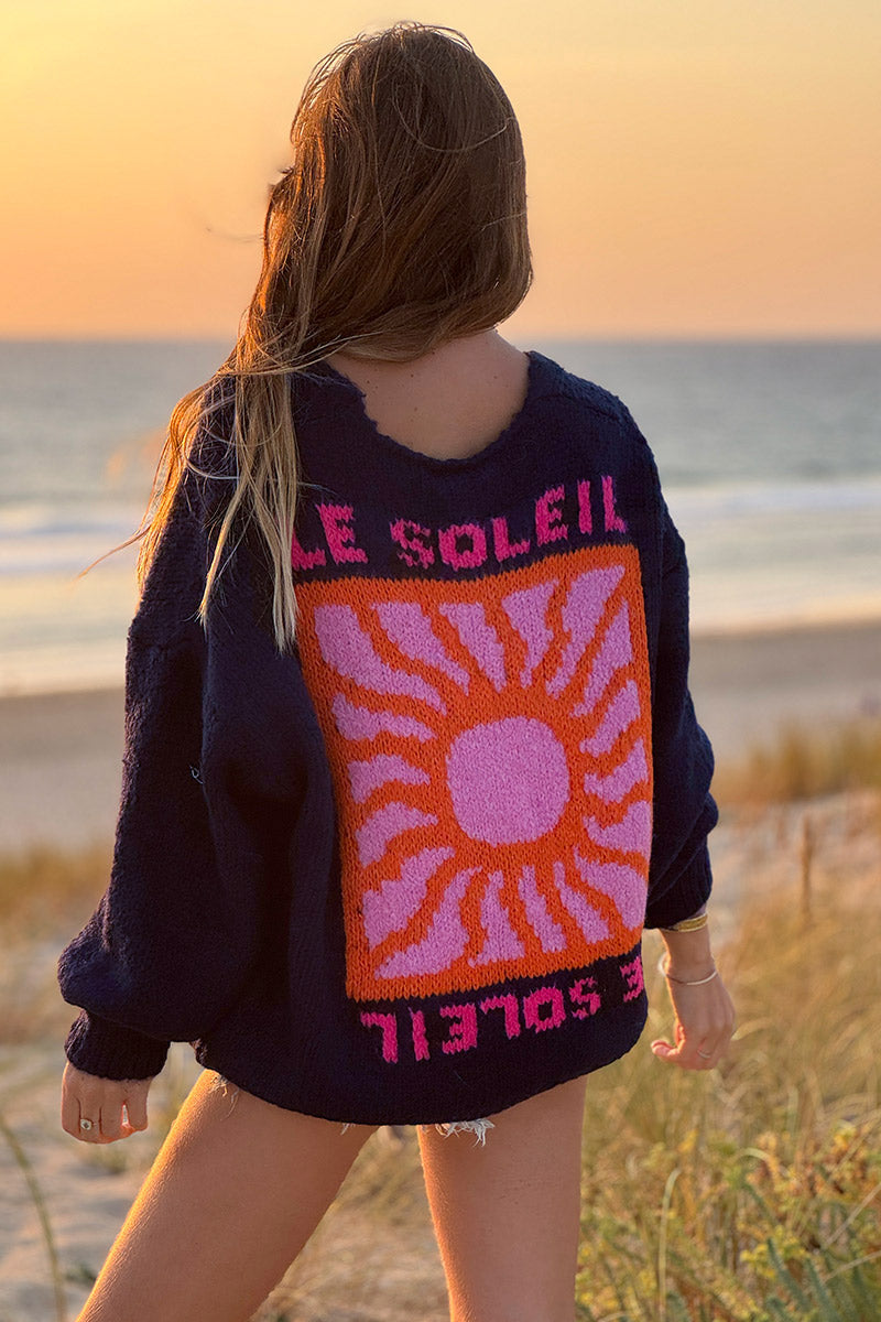 Gilet bleu marine en grosse maille avec gros boutons le Soleil manches bouffantes