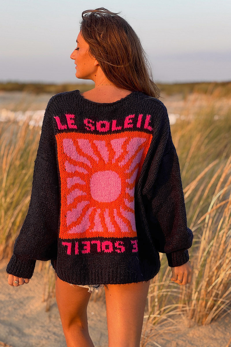 Gilet bleu marine en grosse maille avec gros boutons le Soleil manches bouffantes