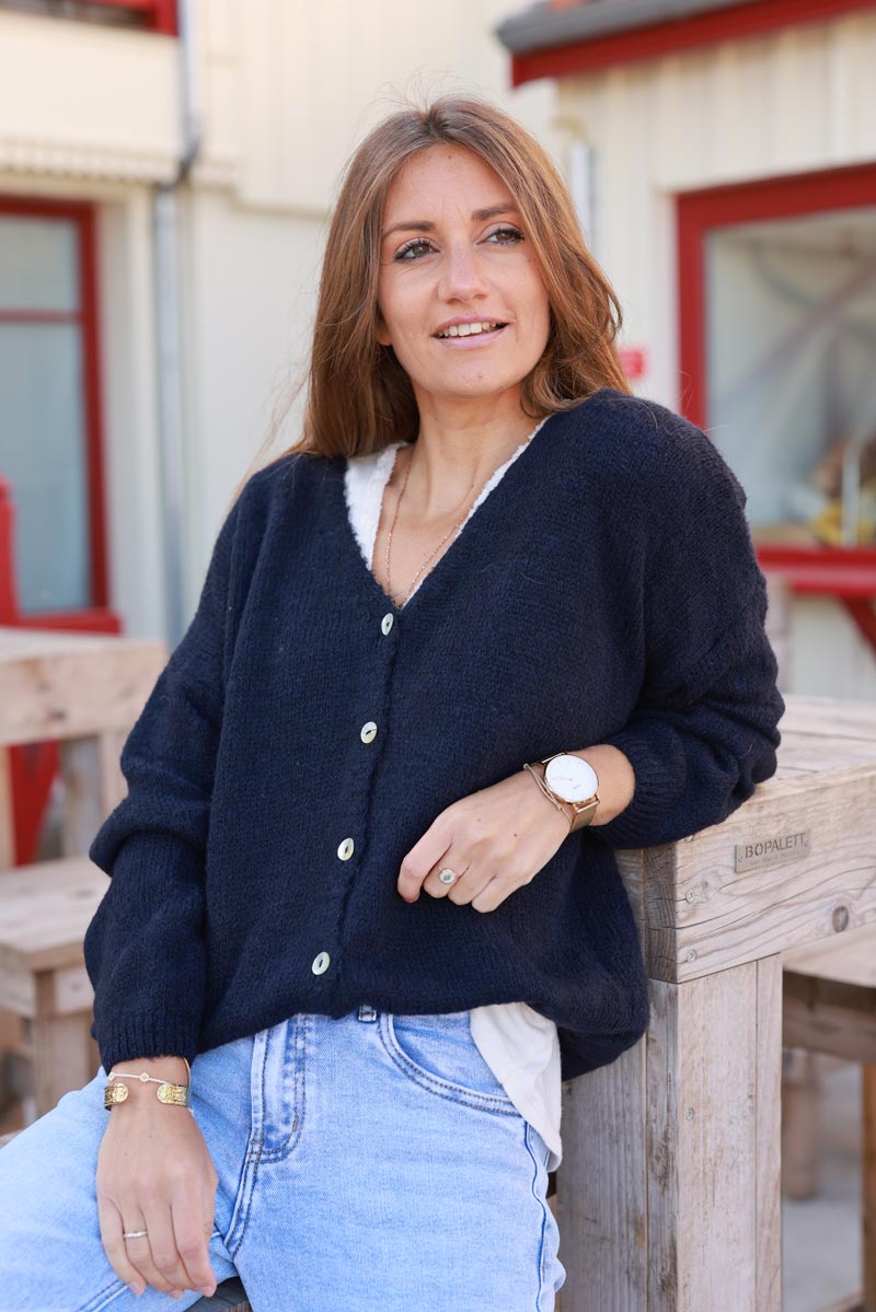 Navy Wool Blend V-Neck Knit Cardigan Horizons Lointains