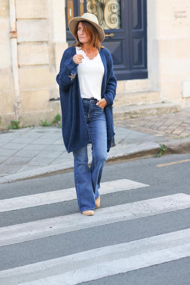 Navy blue Drop-Sleeve Knit Duster with Star Studded Cuffs