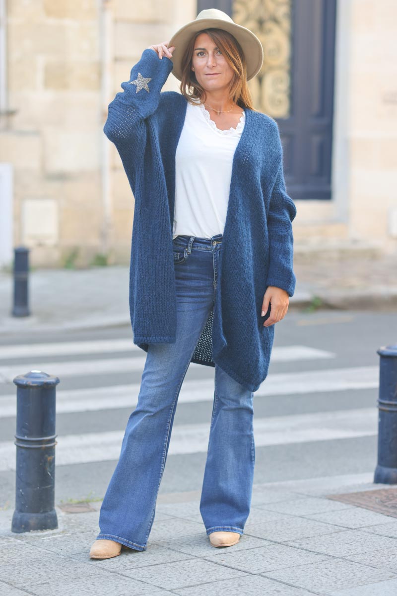 Navy blue Drop-Sleeve Knit Duster with Star Studded Cuffs