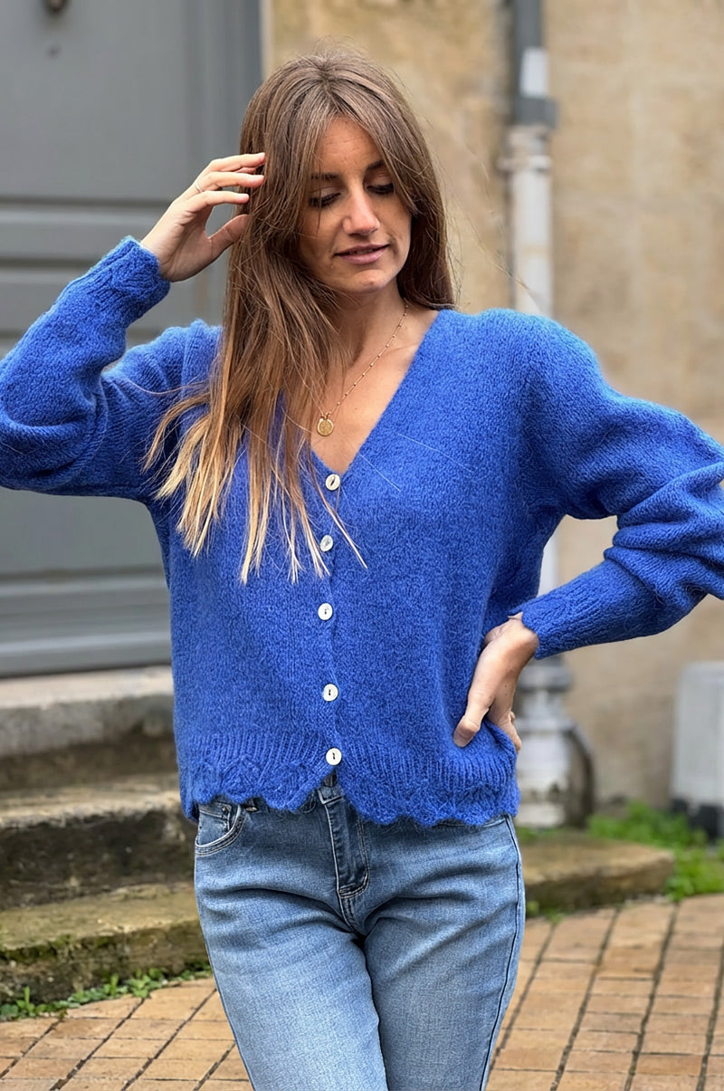 Royal Blue Scalloped Hem Mohair Knit Cardigan