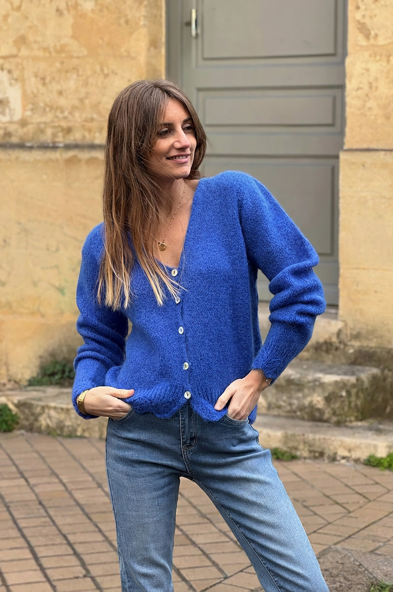 Royal Blue Scalloped Hem Mohair Knit Cardigan