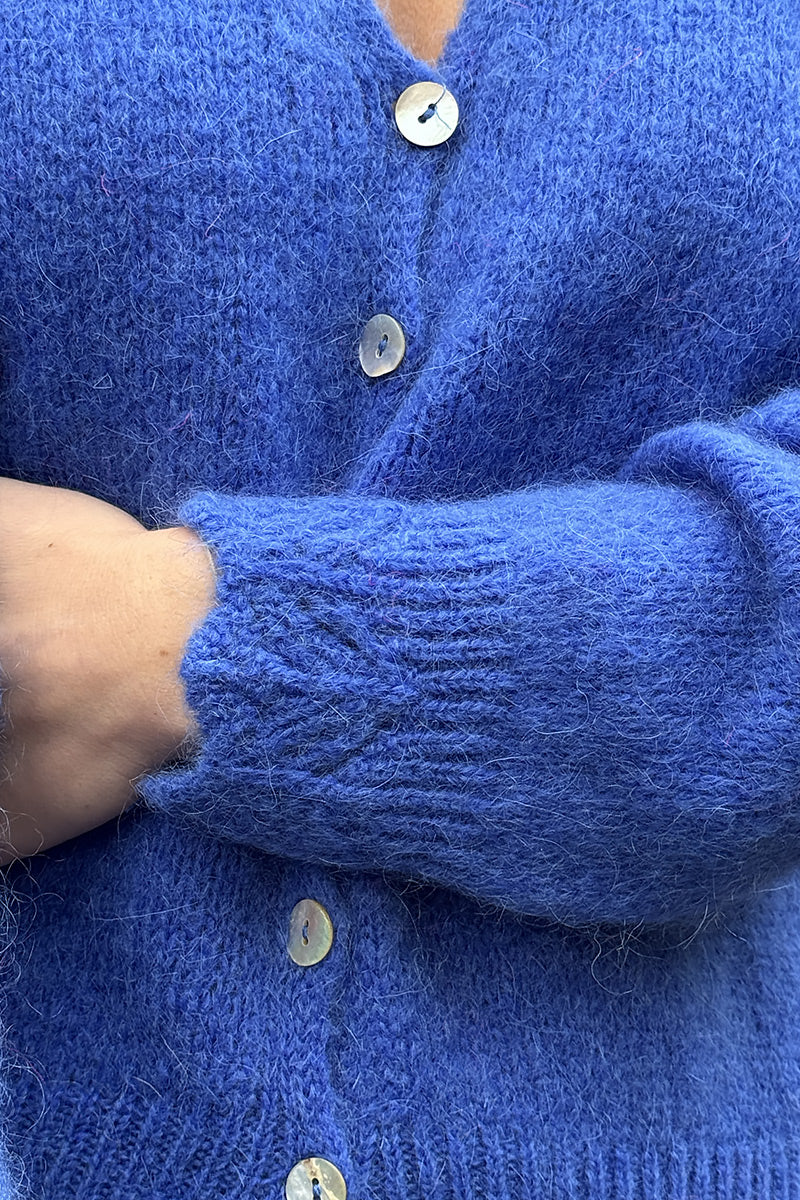 Royal Blue Scalloped Hem Mohair Knit Cardigan