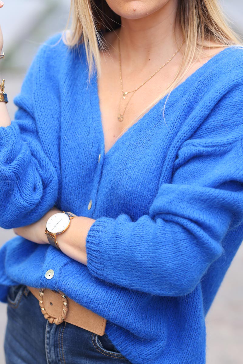 Gilet bleu roi petite maille boutons nacres G043 (1)