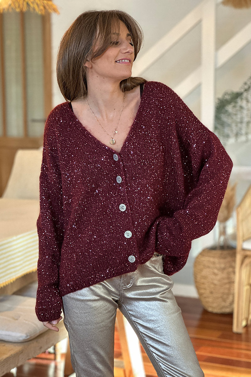Burgundy Sparkle Knit Button-Down Cardigan