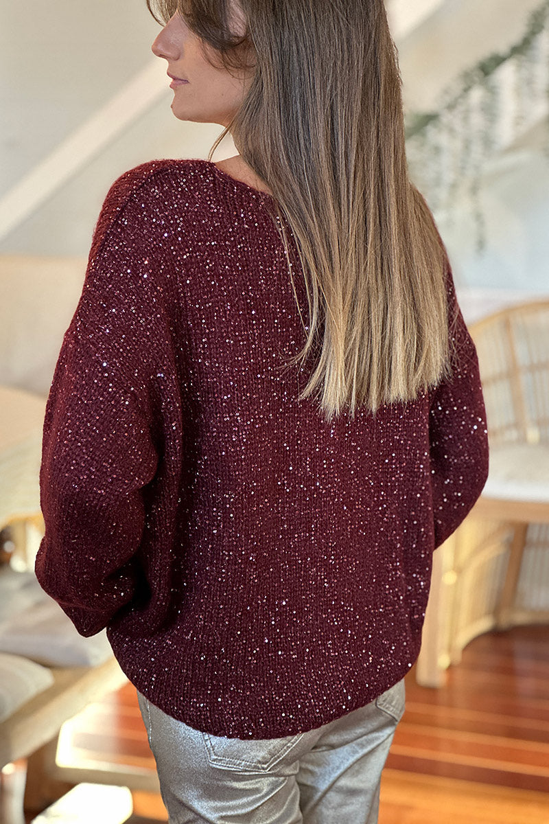 Burgundy Sparkle Knit Button-Down Cardigan