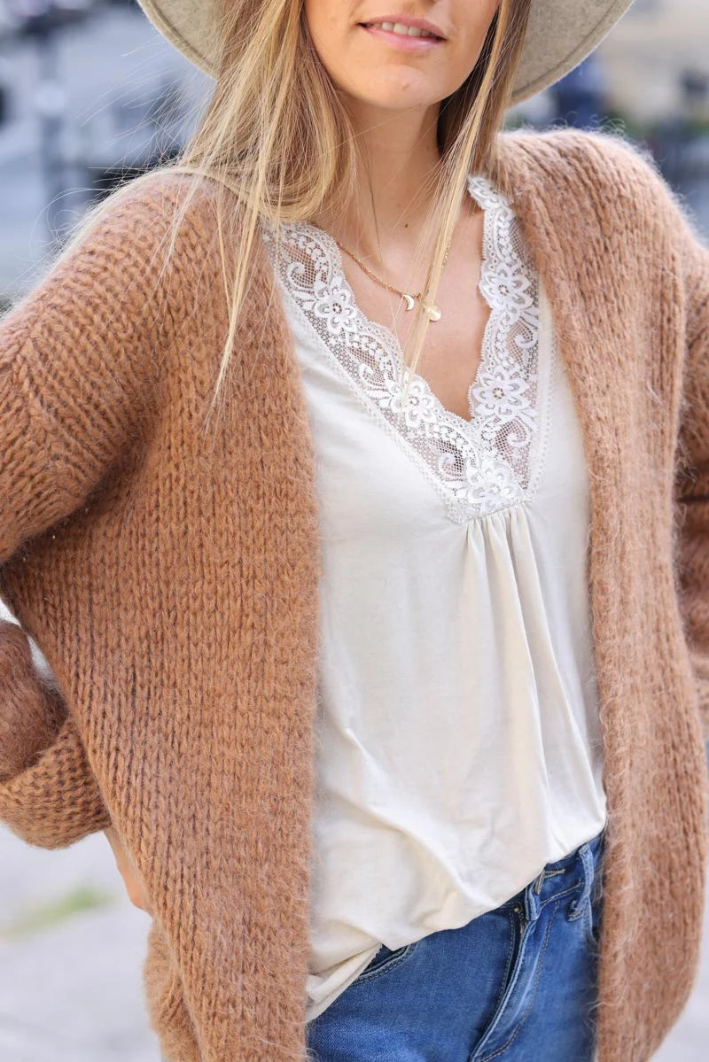 Gilet camel chaud grosses mailles