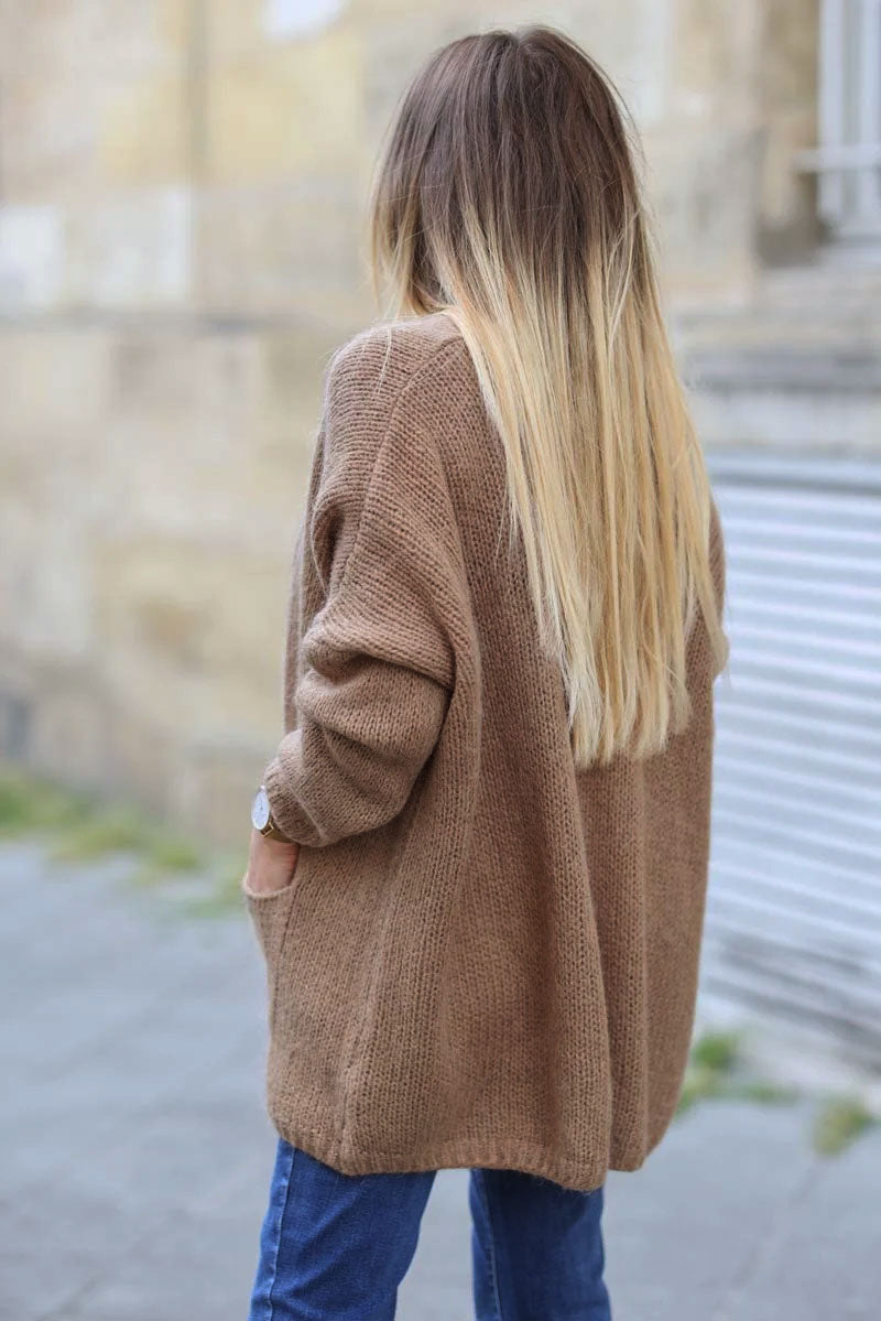 Camel cardigan with wrap around collar