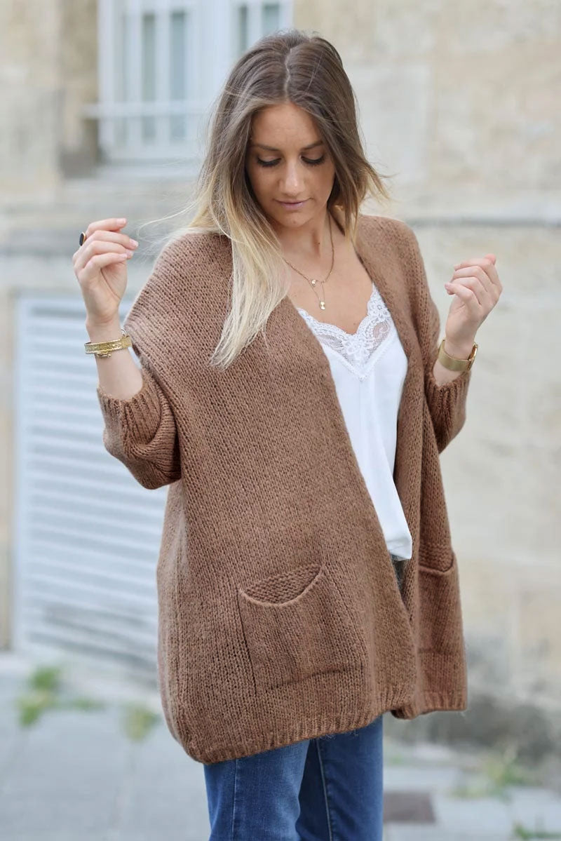Camel cardigan with wrap around collar