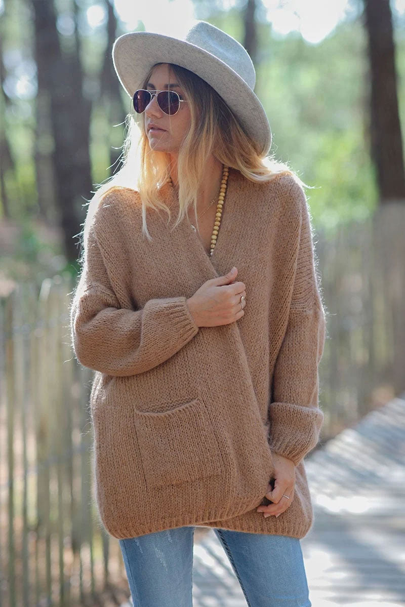 Camel cardigan with wrap around collar