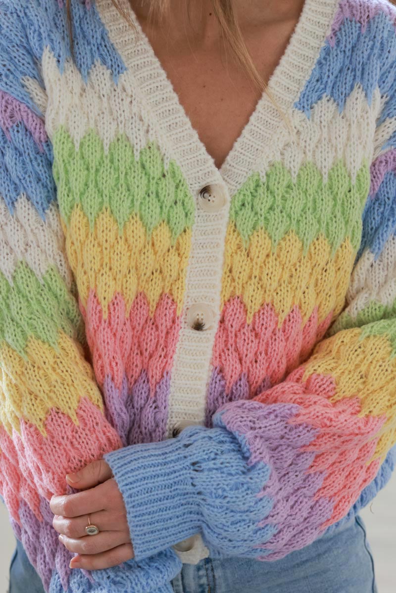 Gilet cardigan en maille relief effet nid d'abeille dégradé arc en ciel pastel