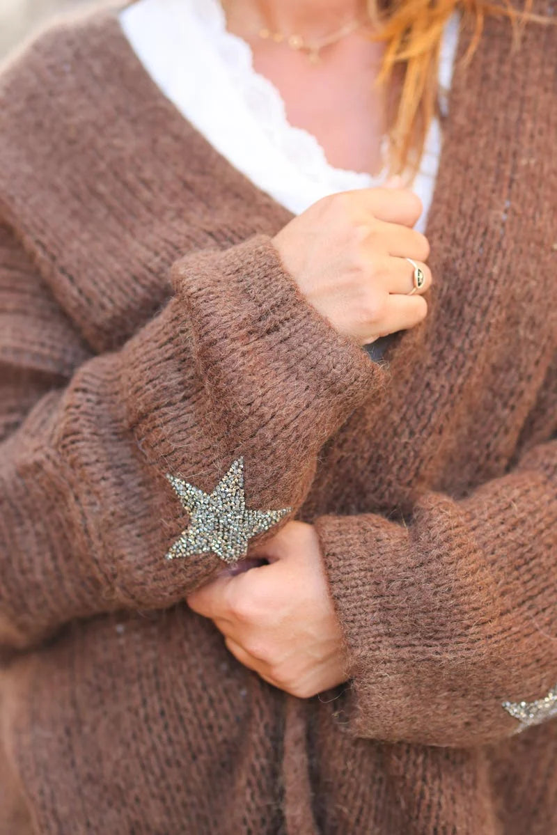 Chocolate Drop-Sleeve Knit Duster with Star Studded Cuffs