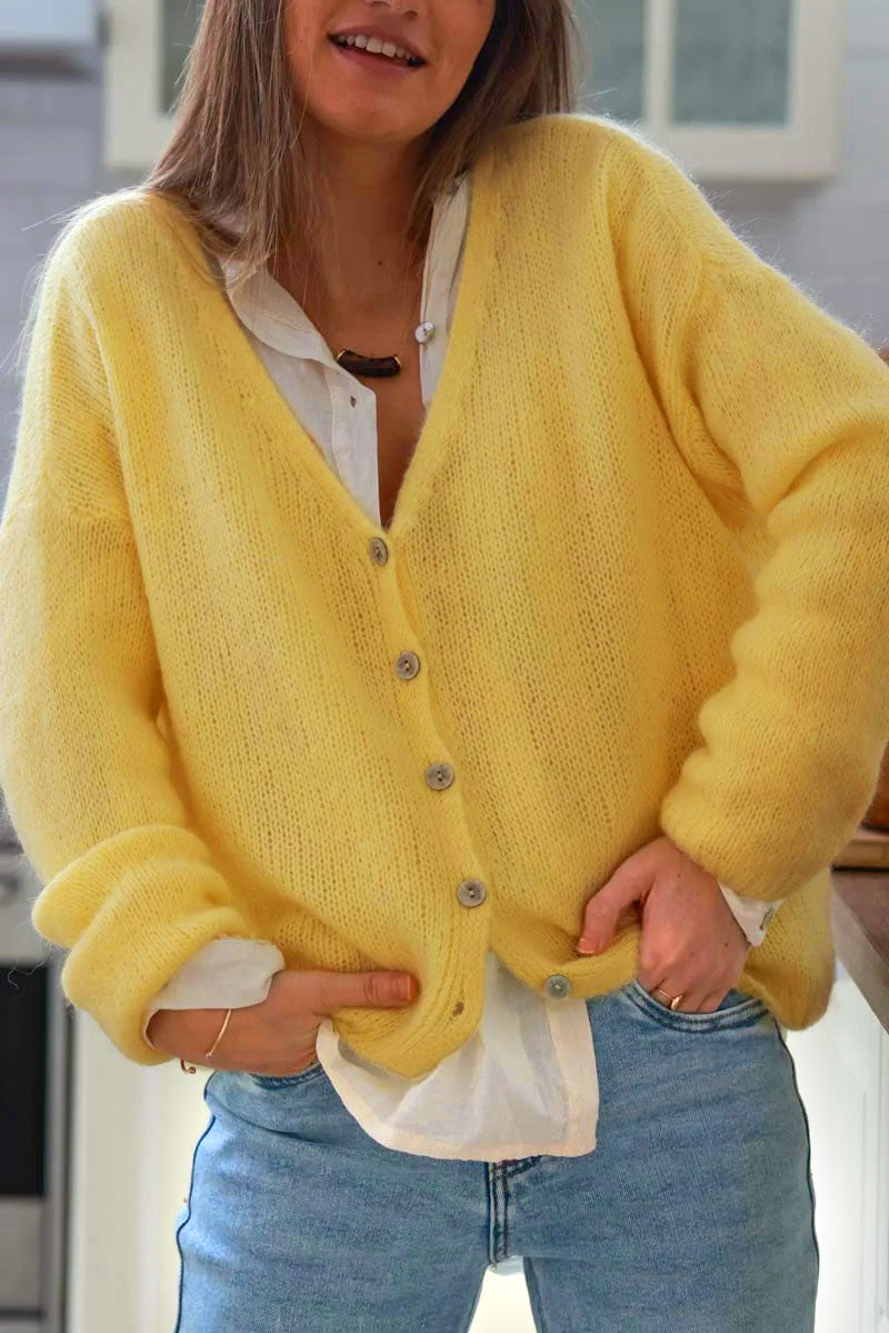 Yellow Mother of Pearl Button through V-Neck Cardigan