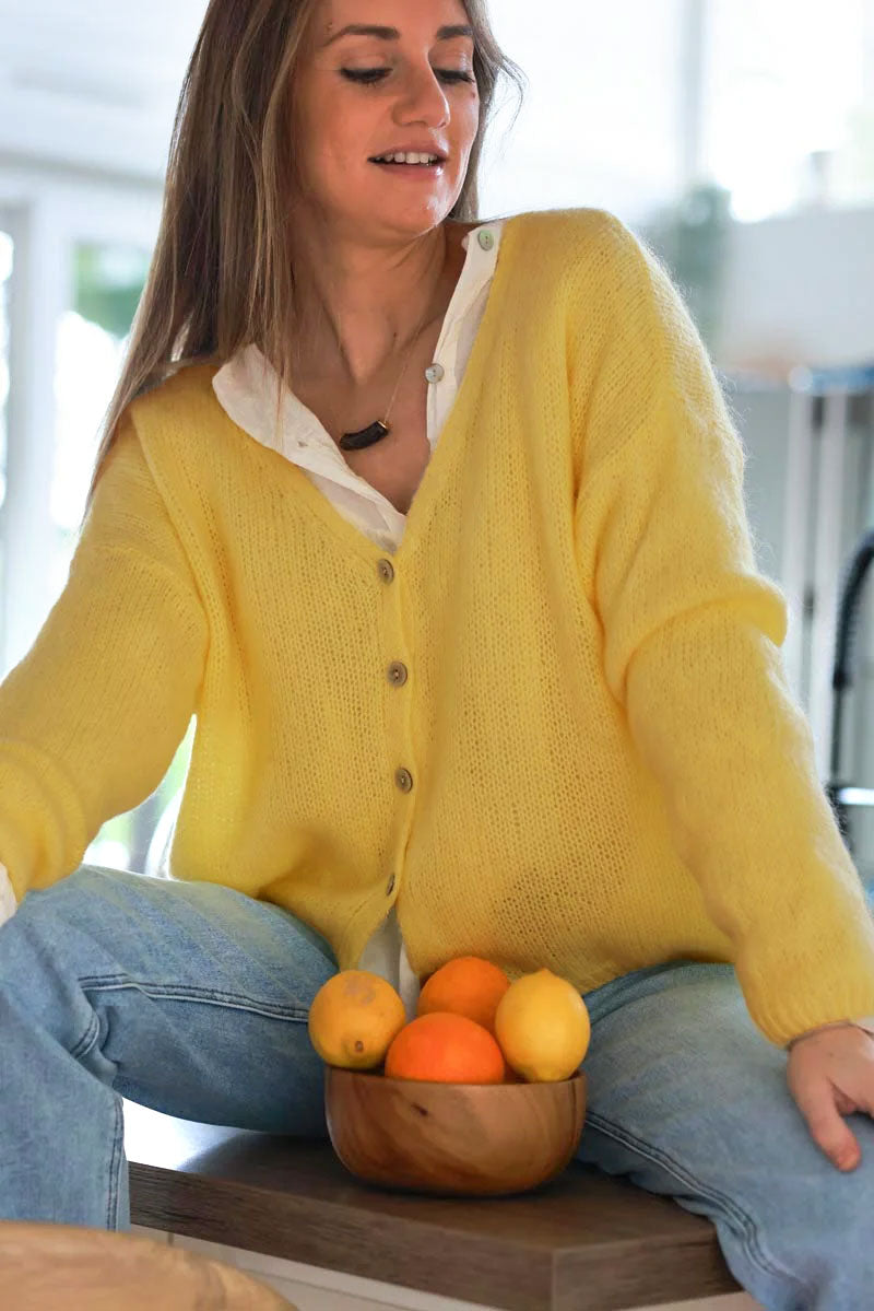 Yellow Mother of Pearl Button through V-Neck Cardigan