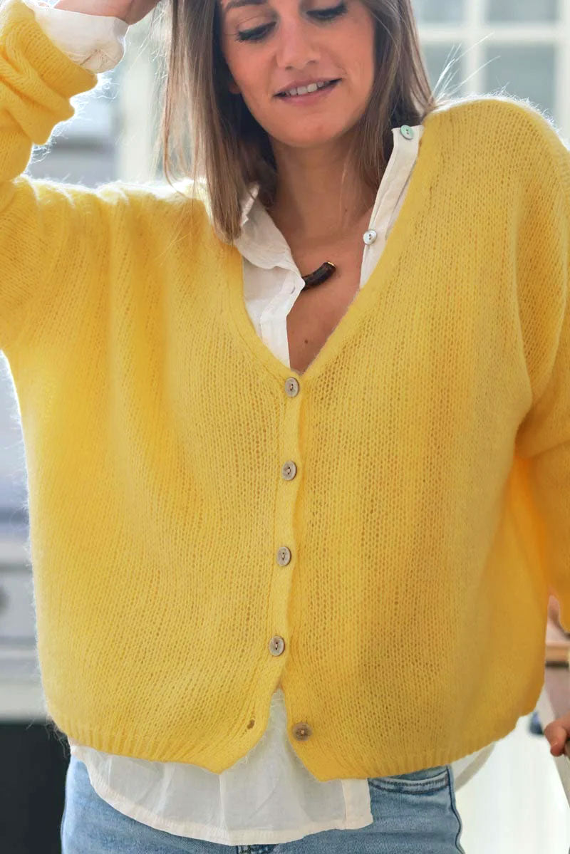 Yellow Mother of Pearl Button through V-Neck Cardigan