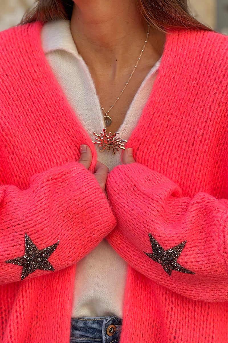 Gilet corail fluo mi long grosses mailles étoile strass manches