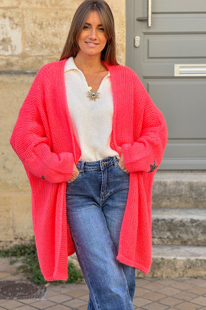 Gilet corail fluo mi long grosses mailles étoile strass manches