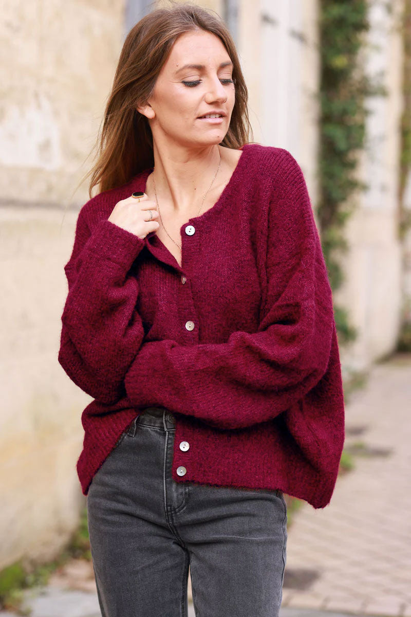 Super Soft Round Neck Cardigan Burgundy with Mother of Pearl Buttons