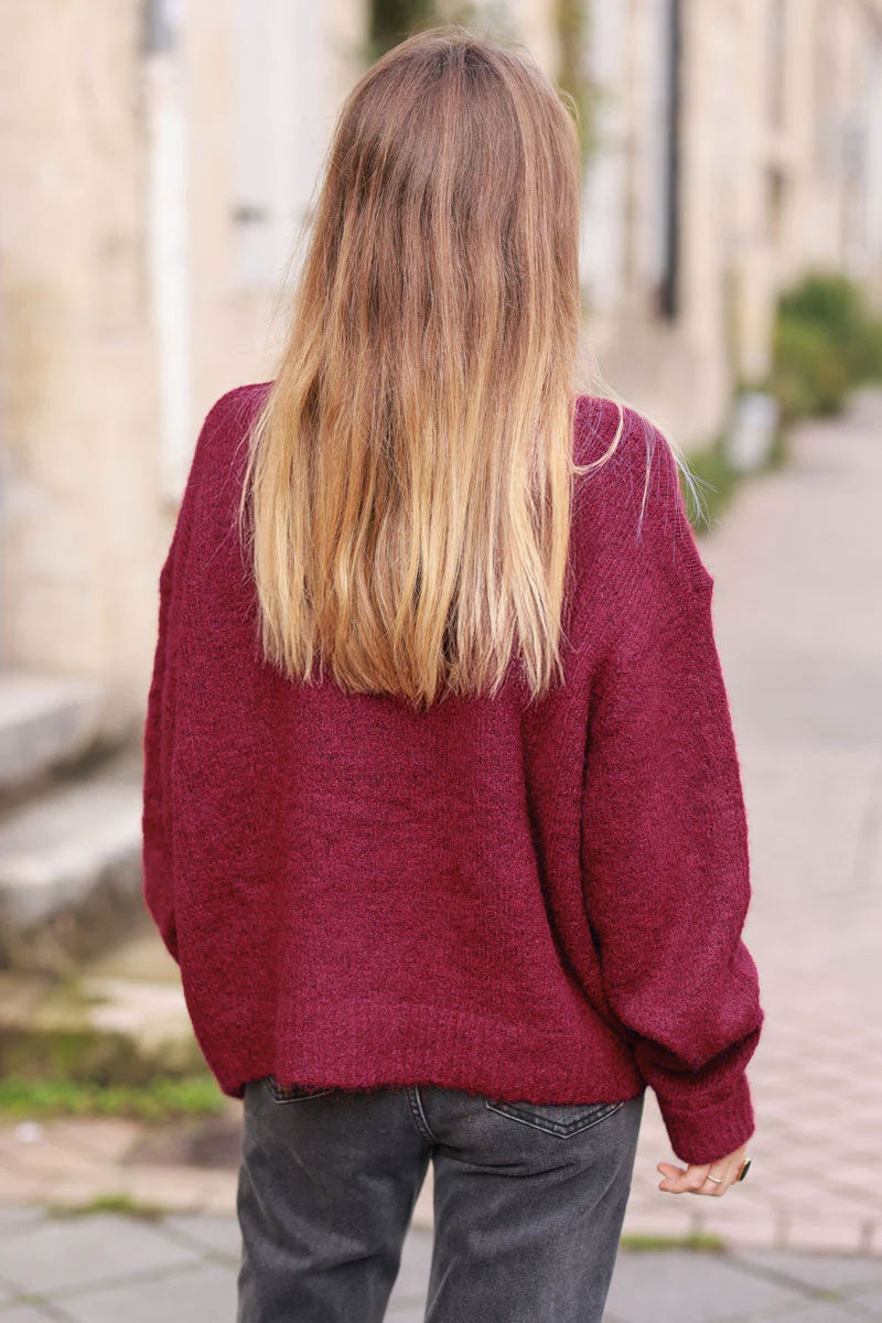 Super Soft Round Neck Cardigan Burgundy with Mother of Pearl Buttons