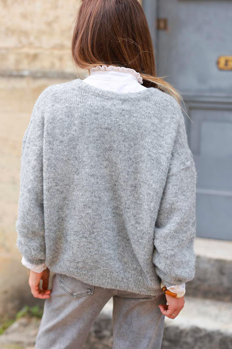 Super soft round neck cardigan Grey with mother of pearl buttons