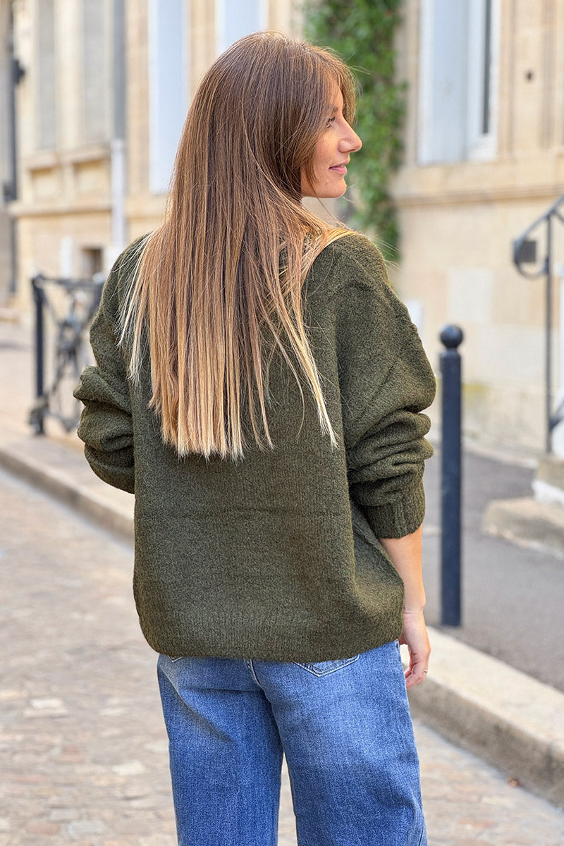 Super soft Round Neck Cardigan Dark Olive with mother of Pearl buttons