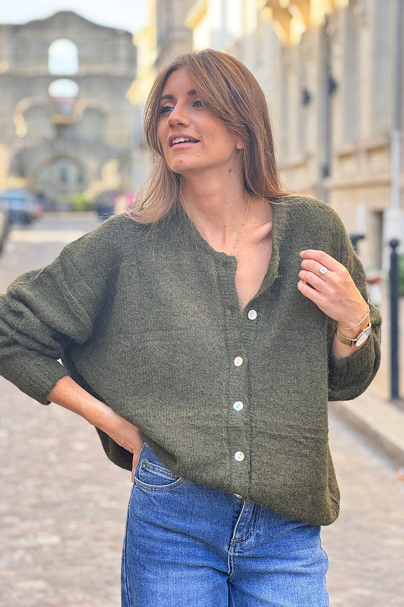 Super soft Round Neck Cardigan Dark Olive with mother of Pearl buttons