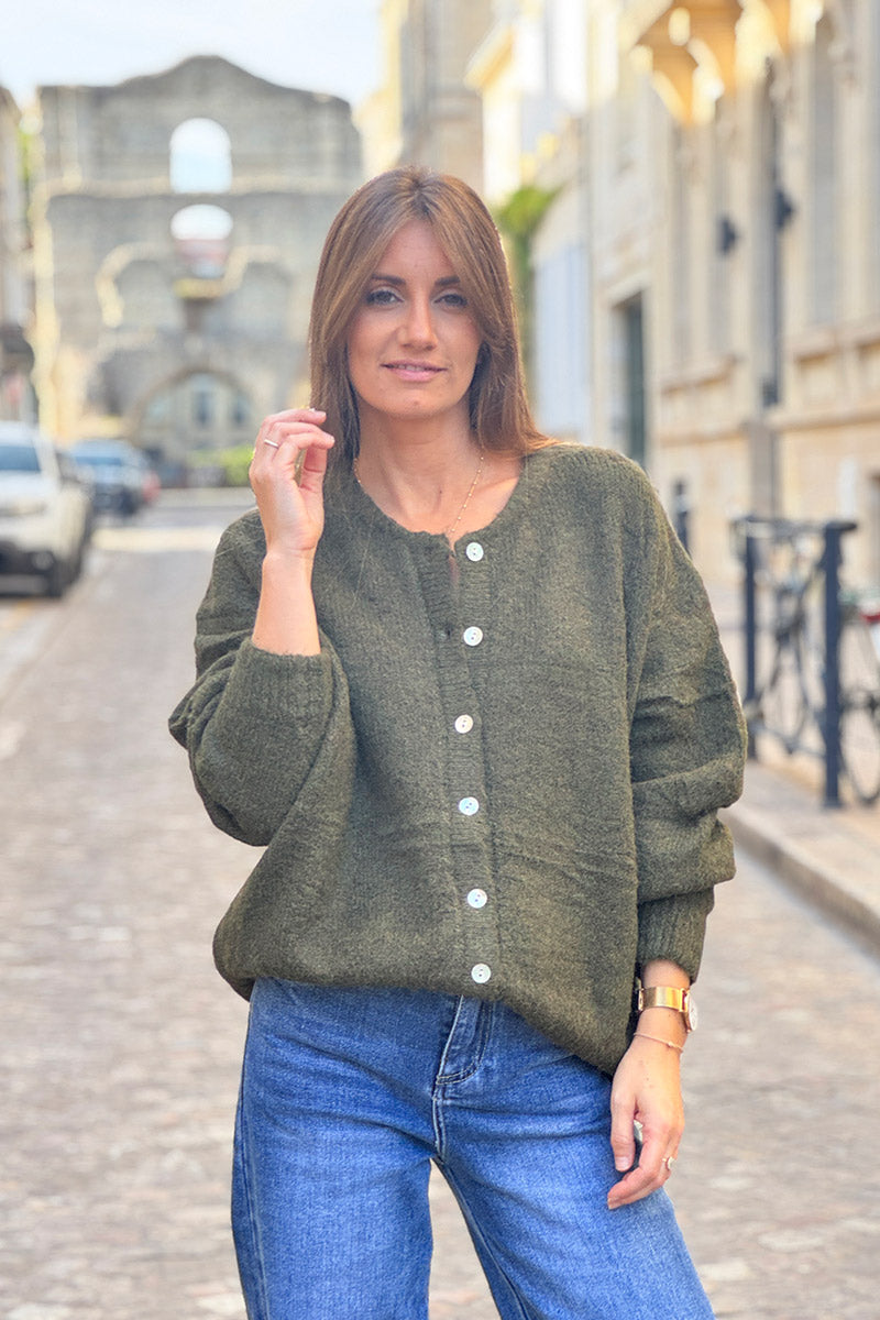 Super soft Round Neck Cardigan Dark Olive with mother of Pearl buttons