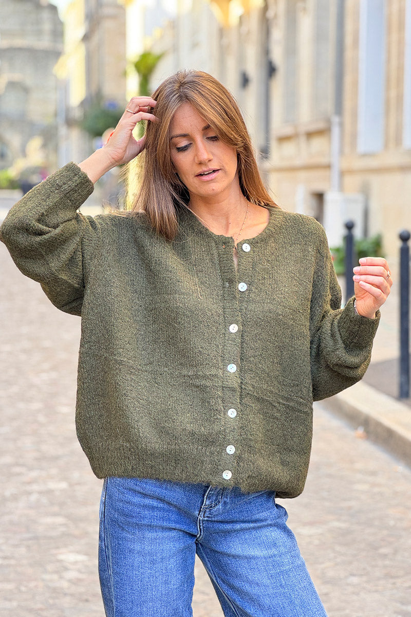 Super soft Round Neck Cardigan Dark Olive with mother of Pearl buttons