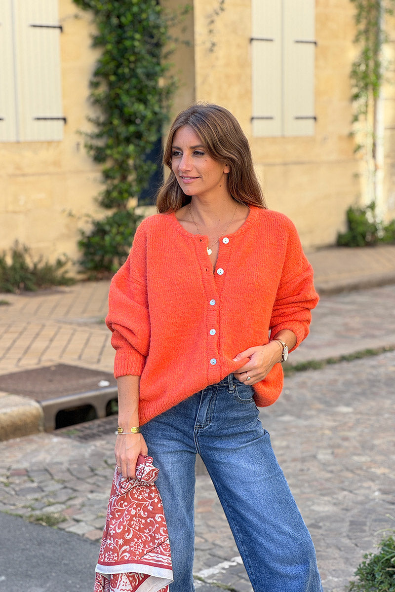 Super soft Round Neck Cardigan Heather orange with mother of Pearl buttons