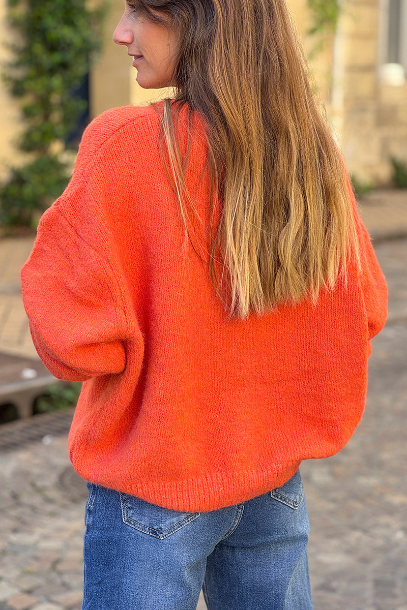 Super soft Round Neck Cardigan Heather orange with mother of Pearl buttons