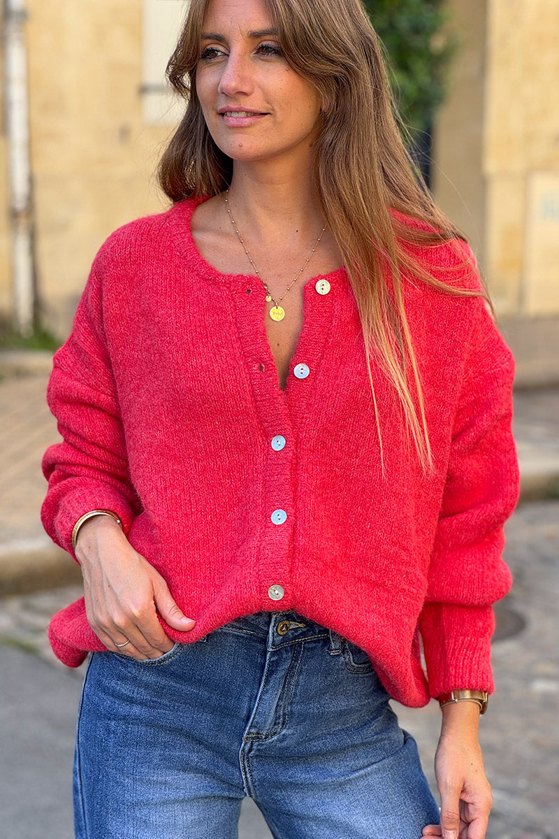 Super soft Round Neck Cardigan Rust with mother of Pearl buttons