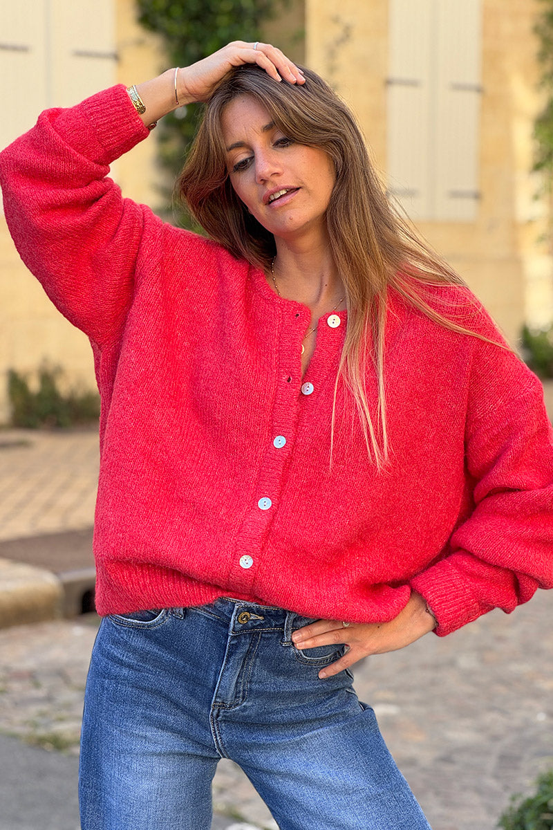 Super soft Round Neck Cardigan Rust with mother of Pearl buttons
