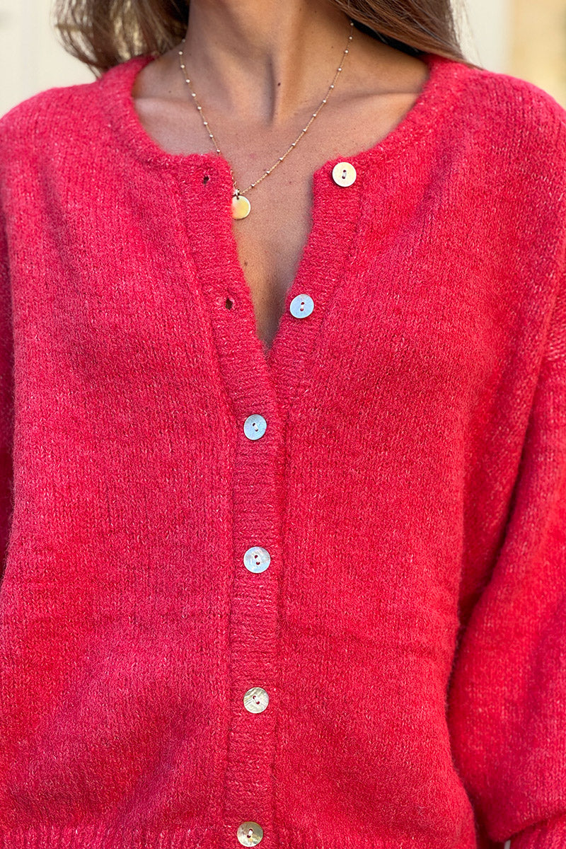 Super soft Round Neck Cardigan Rust with mother of Pearl buttons