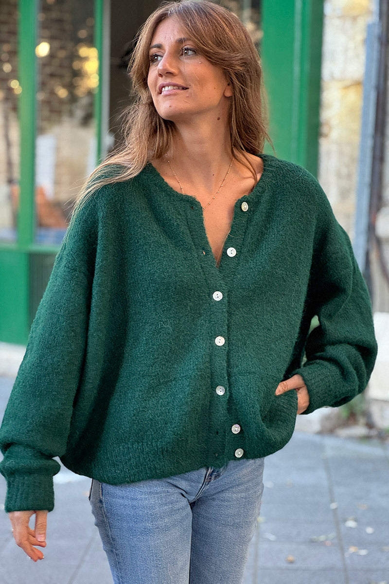 Gilet douillet vert foncé chine en maille col rond boutons nacrés