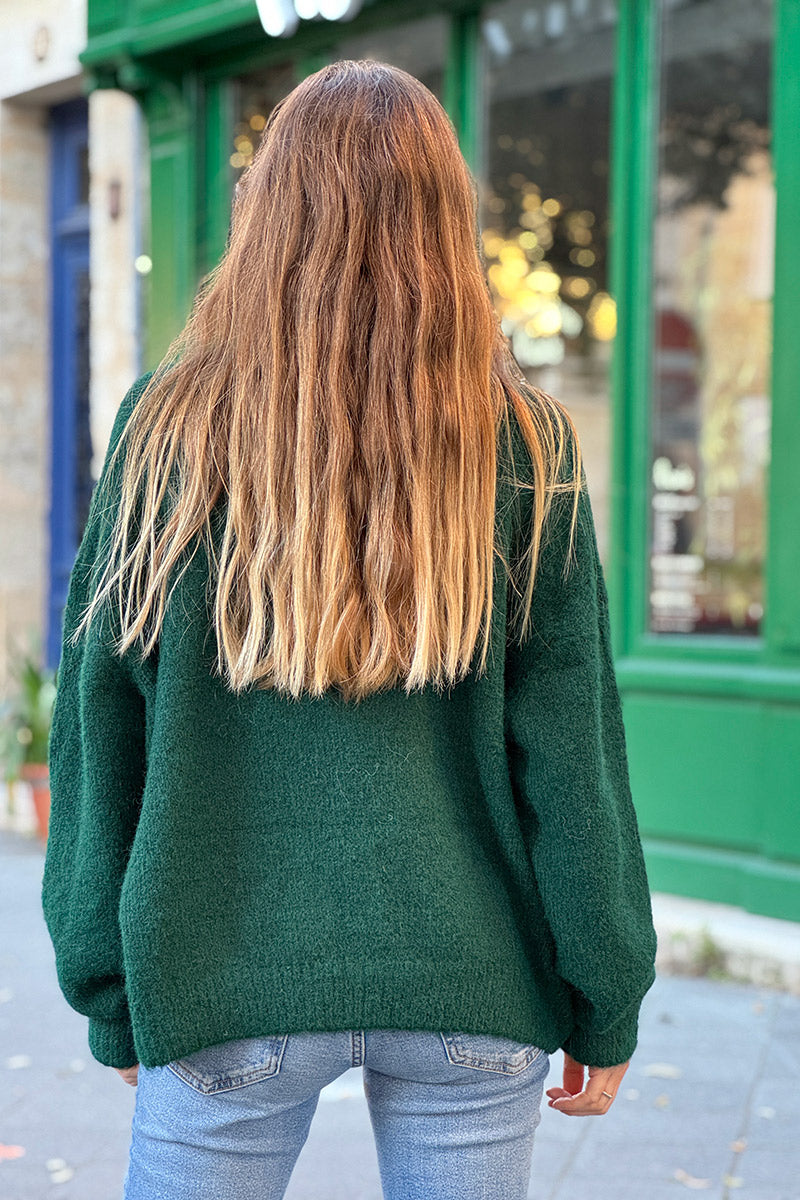 Gilet douillet vert foncé chine en maille col rond boutons nacrés